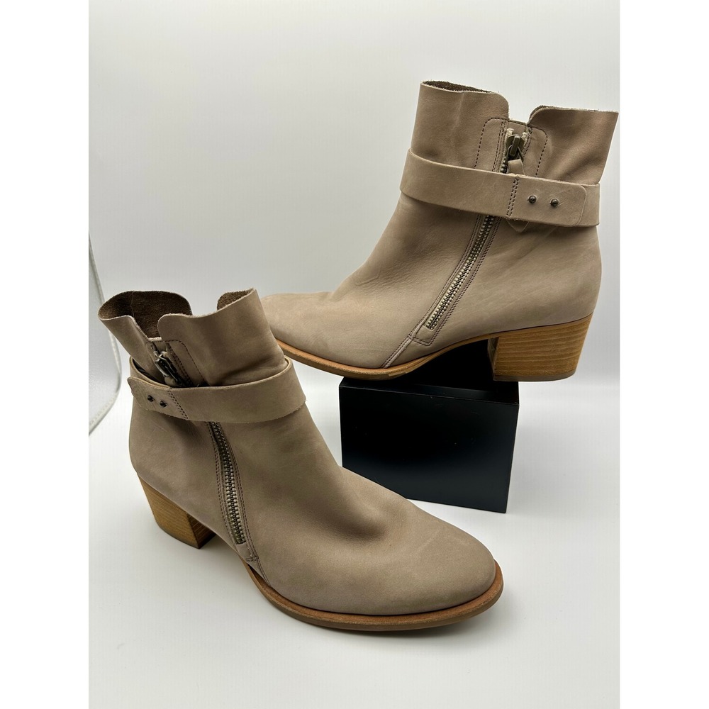 Paul Green $395 Ankle Boots Womens 6.5 EU 37 Taupe Leather Side Zip Block Heel